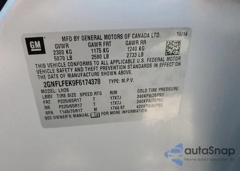 2015 Chevrolet Equinox Lt from USA, damaged, VIN 2GNFLFEK9F6174378
